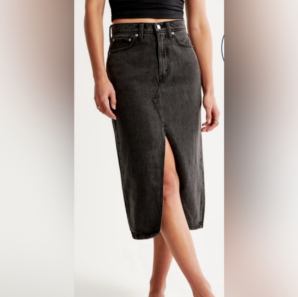 Abercrombie & Fitch Charcoal Washed Denim Midi Skirt with Front Slit